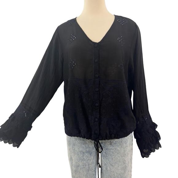 Johnny Was Long Sleeve Embroidered Blouse Top Black Semi Sheer Button-Down M - Picture 2 of 12